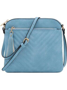 Women Sky Blue Smoke Chevron Quilted Medium Tassel Accent Shoulder Crossbody Bag
